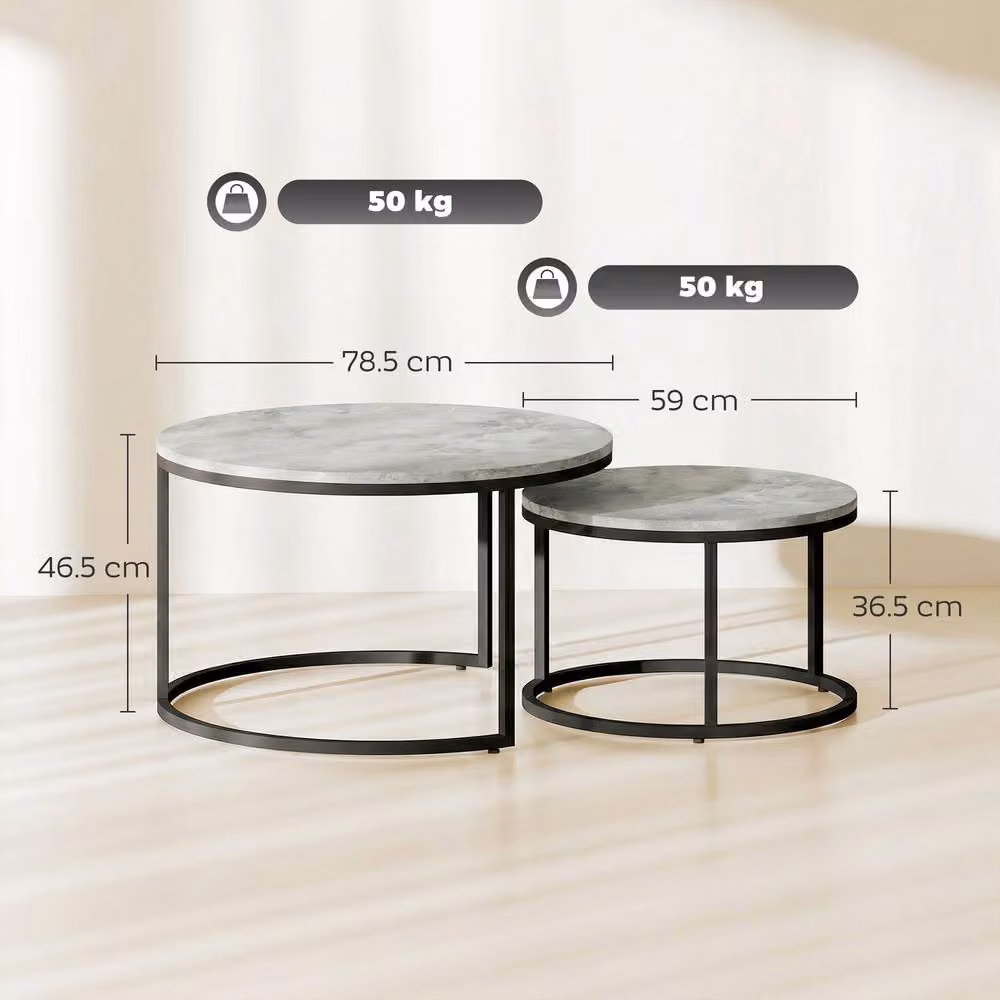 STILVORA Set of 2 Round Nesting Coffee Tables with Grey Marble Effect Composite Tops and Black Metal Sled Bases – 4