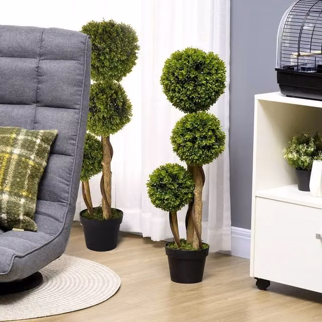 HOMCOM Set of 2 Light Green Round Boxwood Ball Topiary Artificial Potted Trees – 1