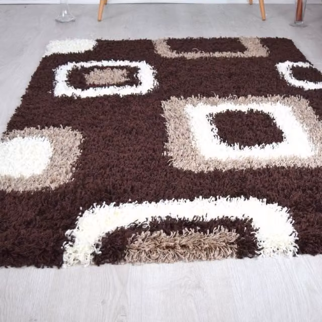 Bravich LTD California Geometric Thick Shaggy Rug in Brown and Cream, W: 200 cm, D: 290 cm
