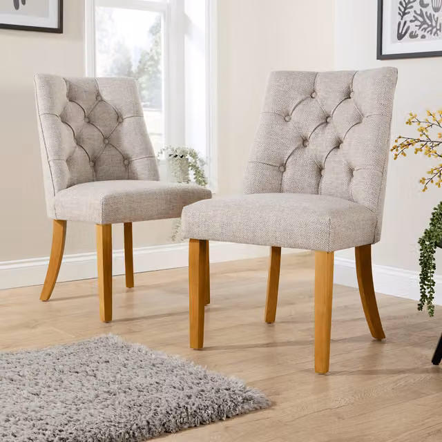 Home Source Samara Pair of Fabric Dining Chairs with Button Back Tufted Design in Grey and Beige