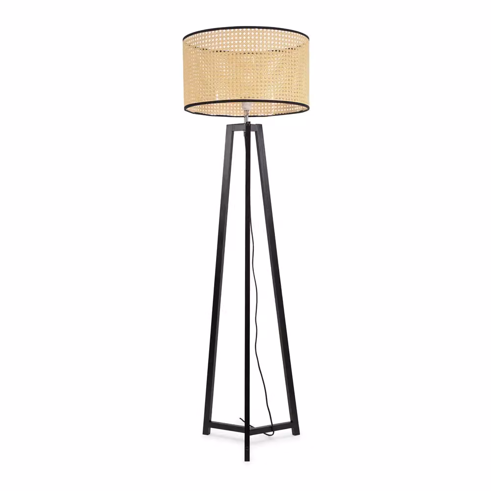ValueLights Lottie Black Wood Tripod Floor Lamp with Natural Cane Rattan Drum Shade, H 148 x W 45 x D 45 cm – 2