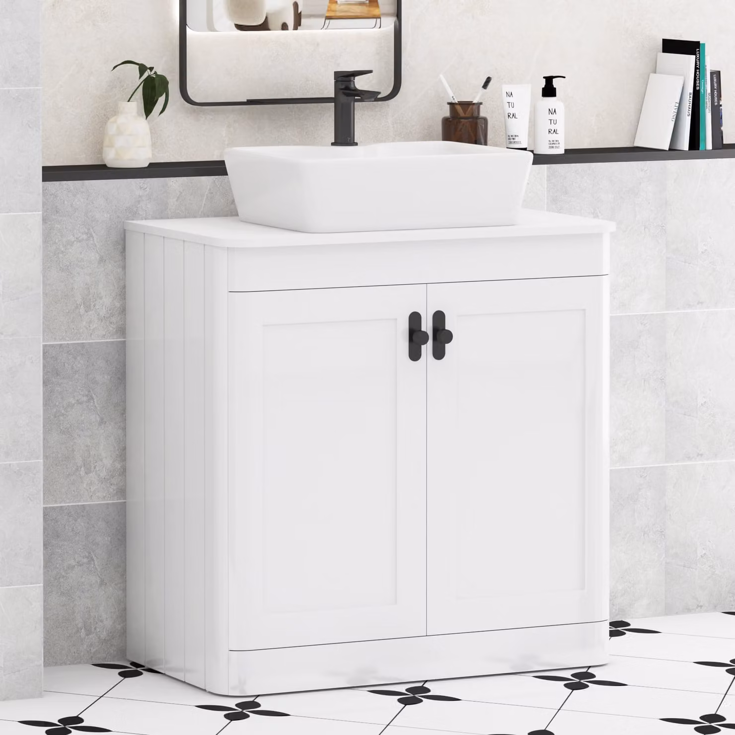 Royal Bathrooms Henley 800mm Gloss White Floor Standing 2 Door Vanity Unit with Plain White Worktop and Matt Black Knob