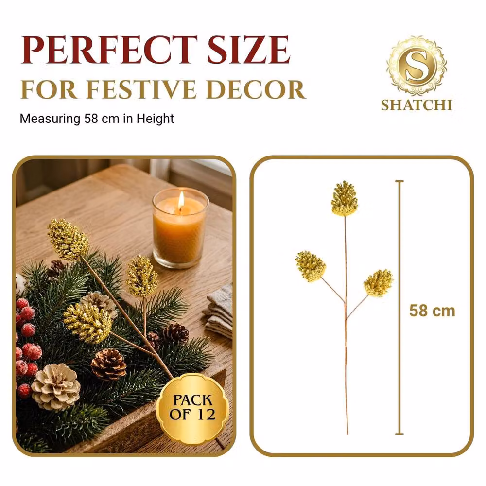 Shatchi Gold Glitter Pine Cone Christmas Picks, 6 Pack, Height: 58 cm – 3
