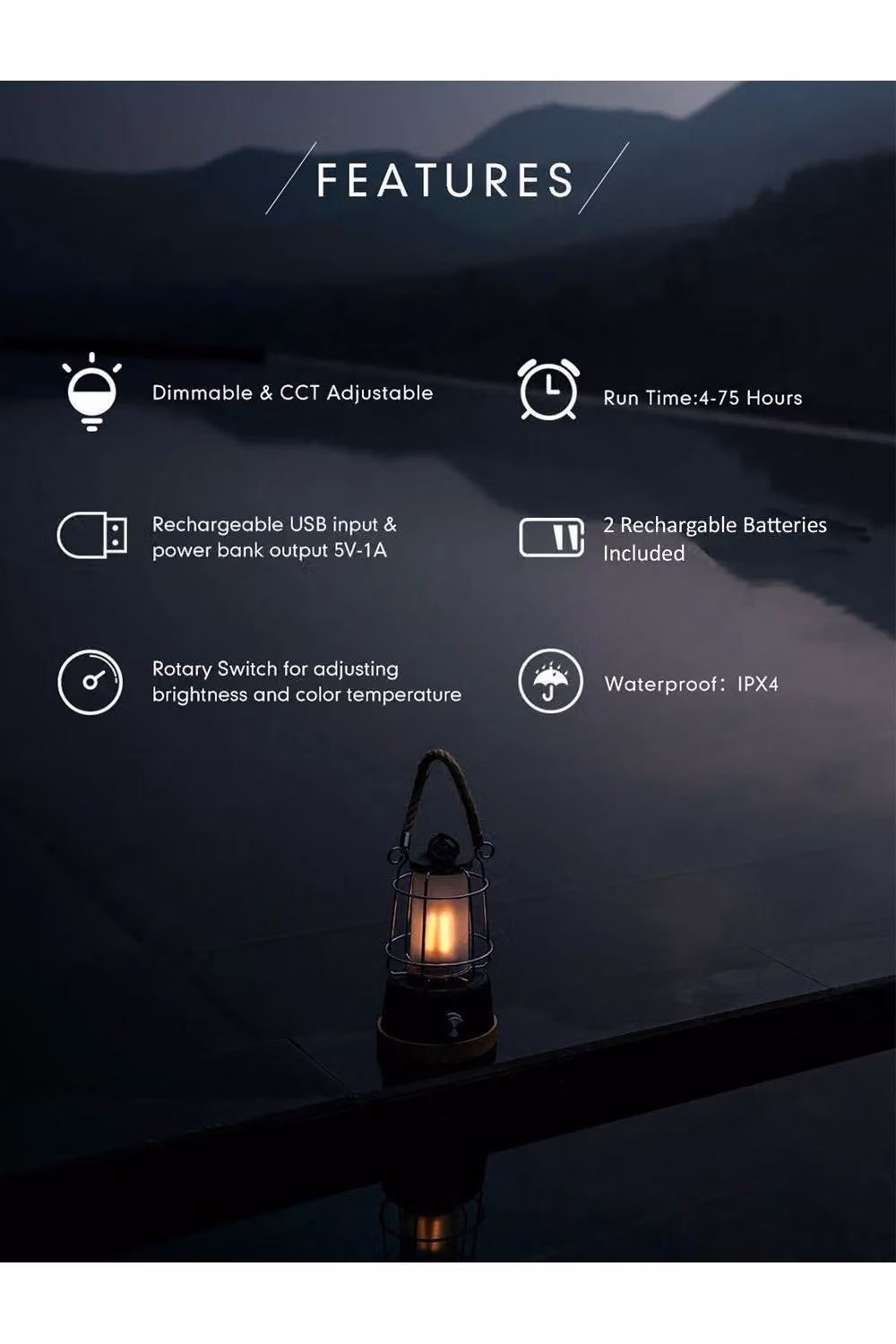 Harper Living Retro Rechargeable LED Camping Lantern, Dimmable and Water Resistant, Black – 2