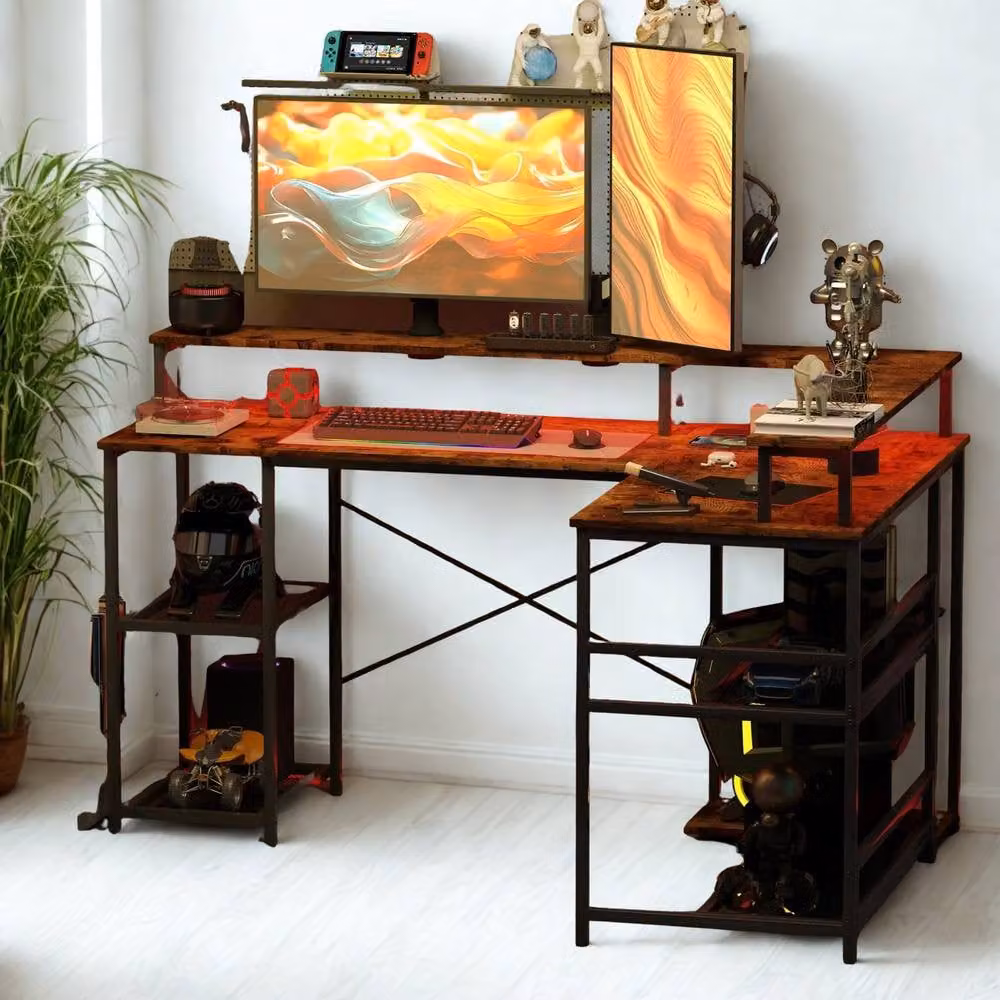 FURNOS Industrial L Shaped Corner Computer Desk with USB Outlets and LED Lights, Brown, W: 150 cm, D: 102 cm, H: 76 cm – 2