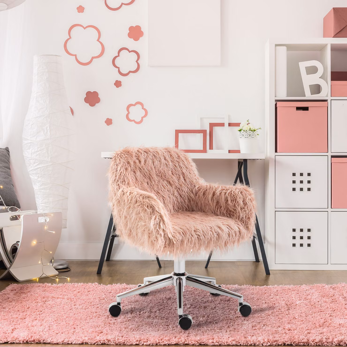 Vinsetto Pink Faux Fur Swivel Desk Chair with Armrests and Adjustable Height – 2