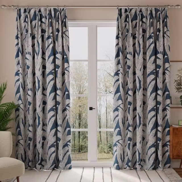 Linda Barker Evergreen Leaf Made to Measure Blue Floral Cotton Curtain Panel