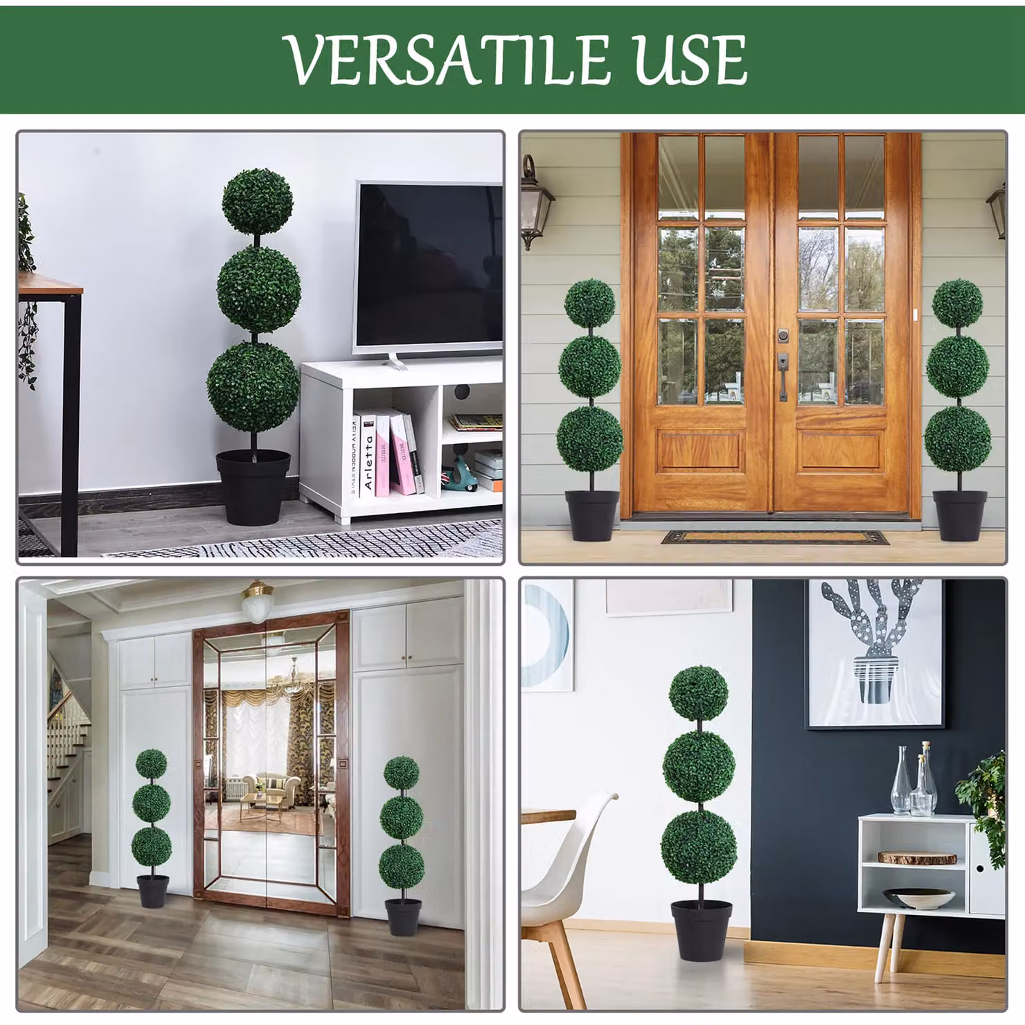 OUTSUNNY 2 Piece Artificial Green Boxwood Three Balls Potted Trees in Black Concrete Pots – 4