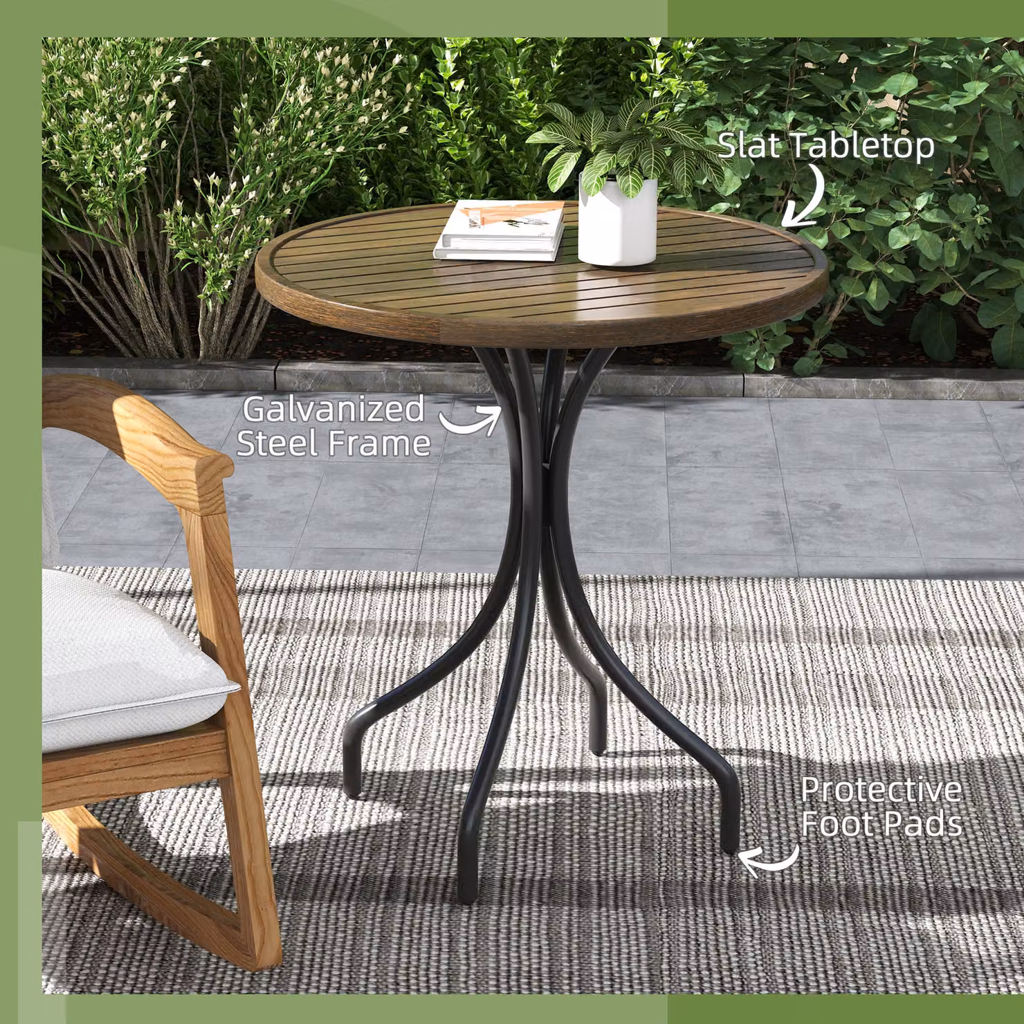 Outsunny Round Garden Side Table with Brown Wood Grain Slat Tabletop and Steel Frame, Diameter: 66 cm, Height: 71.5 cm – 3