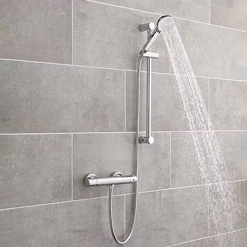 Nes Home Thermostatic Round Shower Mixer and Slider Rail Kit in Chrome Metallic Silver