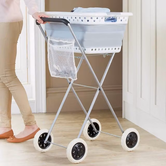 Clarsen Collapsible Steel Laundry Trolley with Handles and Wheels in Silver and White, H: 104.0 cm, W: 62.0 cm, D: 42.5 cm – 1