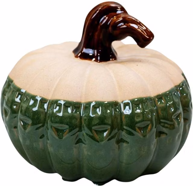 Four Candle Rustic Ceramic Pumpkin Ornament in Beige, Green and Brown