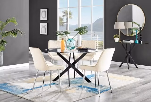 FurnitureboxUK Novara Round Glass Dining Table with 4 Pesaro Silver Chairs in Cream and Black