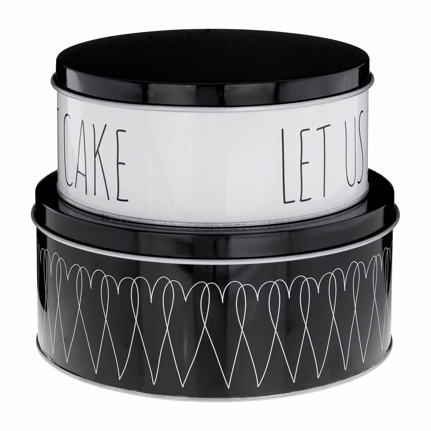Orsina Heartlines Set of 2 Decorative Round Metal Cake Storage Tins with Lids, Black and White Heart Pattern – 3