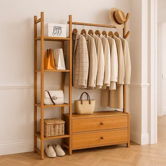 Modcraft Heavy Duty Brown Lacquered Wood Clothes Rail with Dual Hook and Rail Matrix for Bedroom or Hallway, H 138.5 cm x W 100 cm