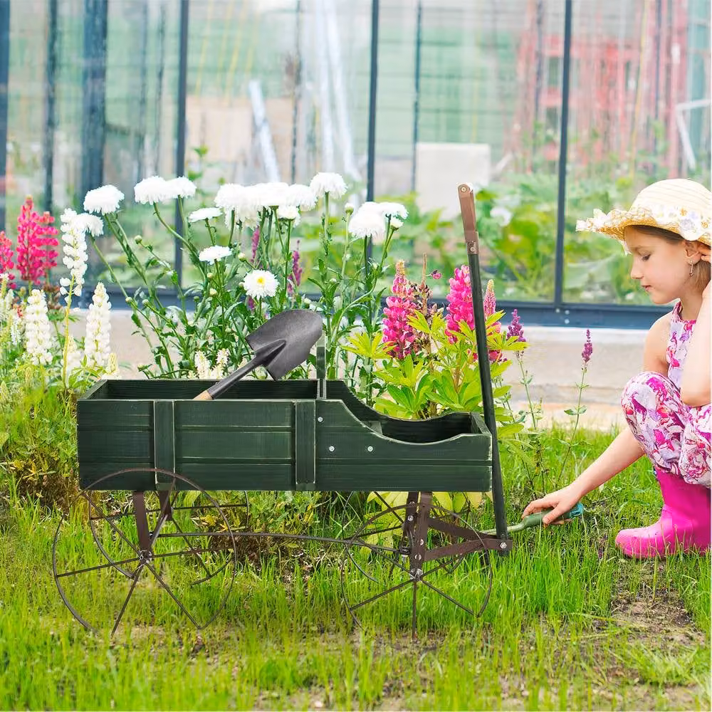 Costway Green Garden Wagon Planter with Two Planting Sections and Rustic Wood and Metal Design – 2