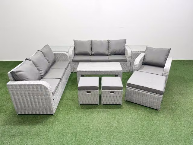 Fimous 10 Seater Poly Rattan Outdoor Garden Furniture Set in Grey with Oblong Coffee Table, Two 3 Seater Sofas, One Reclining Chair, Three Stools and Two Side Tables