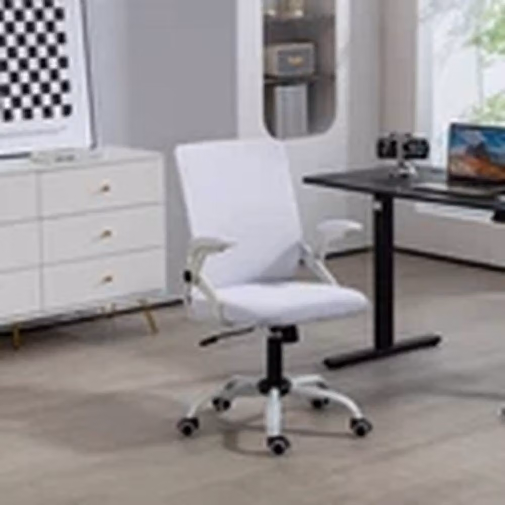 EONLION White Mid-Back Office Swivel Chair with Flip-Up Armrests and Fabric Upholstery – 2