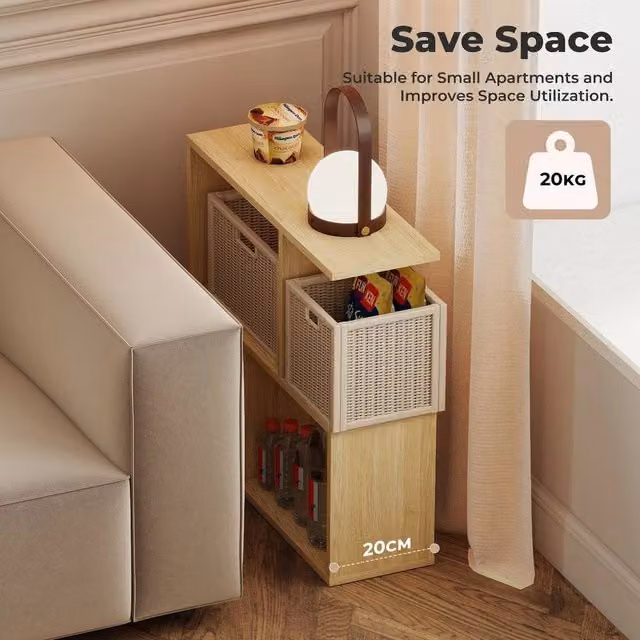 KORVIXA Slim Sofa Side Table in Beige Wood, W/D/H: 60 x 60 x 20 cm – 1
