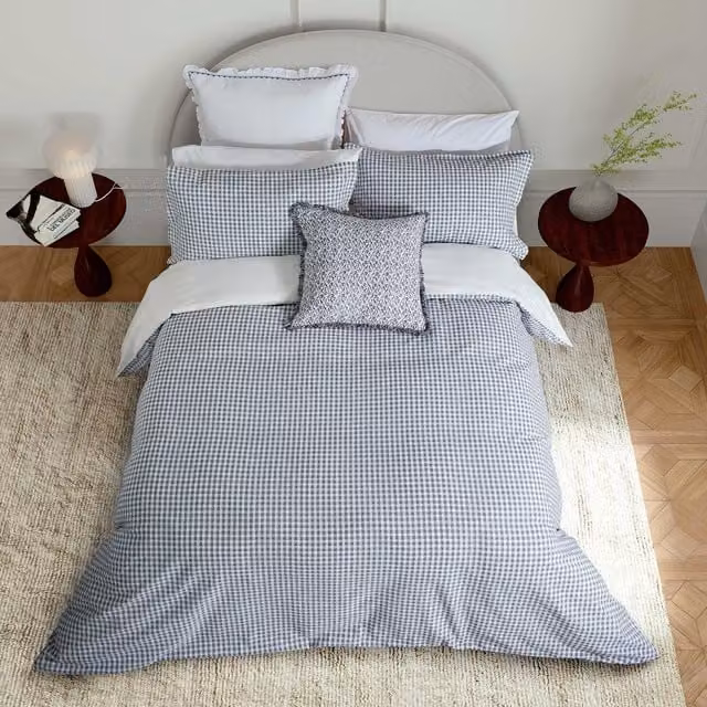 Bedeck of Belfast Mallory Checked Cotton Percale Kingsize Duvet Cover Set, White and Blue, W: 180 cm x L: 200 cm