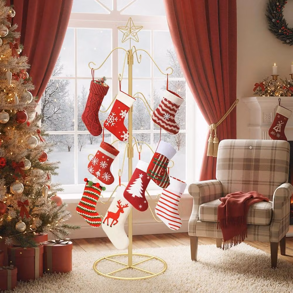 Gymax Gold Metal Christmas Stocking Holder Stand with Star Decoration and 16 Hanging Hooks, Height: 121 cm – 7