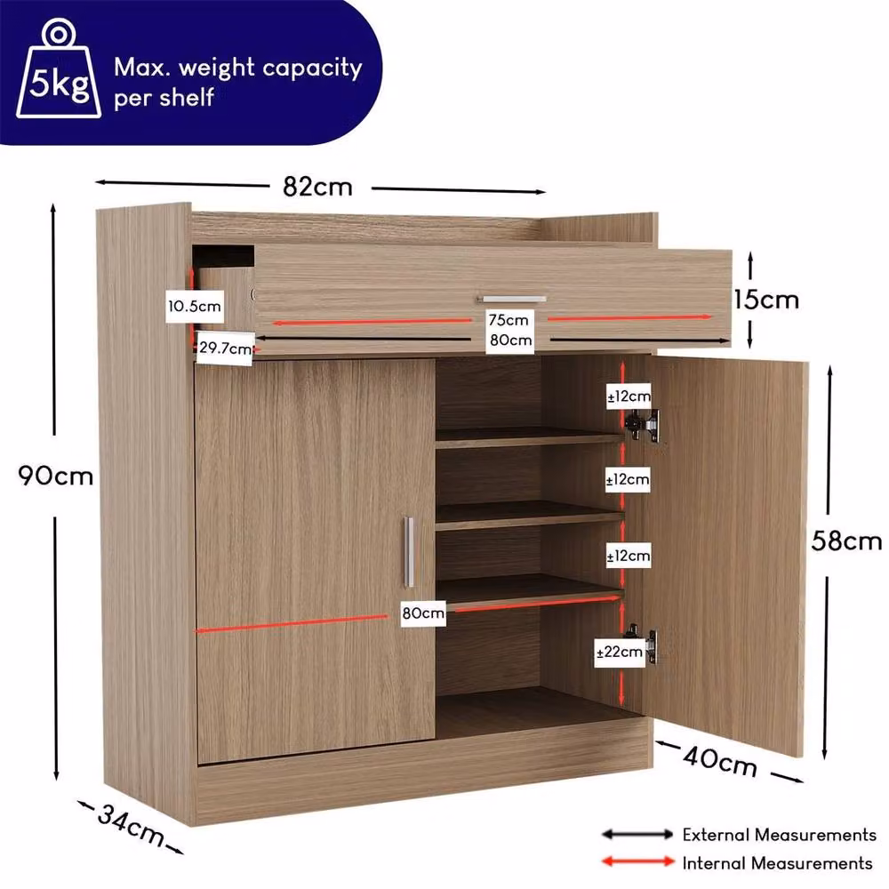 Kelvenix Oak 2 Door 1 Drawer Shoe Cabinet in Brown with Glass Doors, W/D/H: 82 x 34 x 90 cm – 2