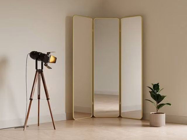 Vente-unique 3-Panel Metal Mirror Room Divider in Gold, W: 146 cm, H: 180 cm