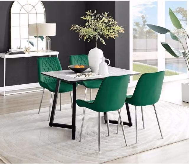 FurnitureboxUK Carson White Marble Effect Dining Table and 4 Pesaro Silver Chairs in Green