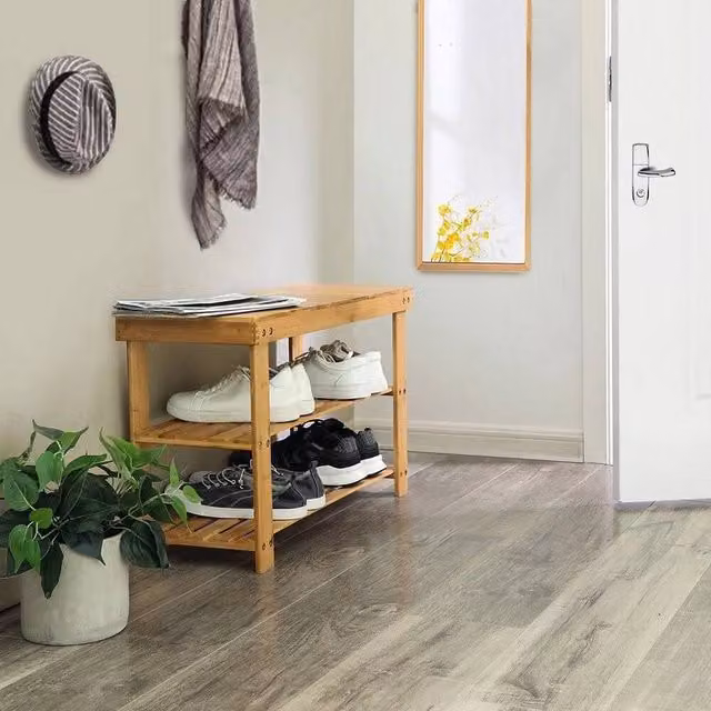 KORVIXA Bamboo Shoe Changing Stool and Storage Rack in Natural Brown, W/D/H: 100 x 100 x 100 cm