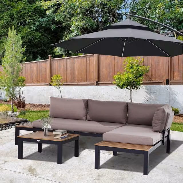 Outsunny Grey L-Shape Garden Sectional Corner Sofa and Coffee Table Set with Powder Coated Aluminium Frame and Upholstered Cushions