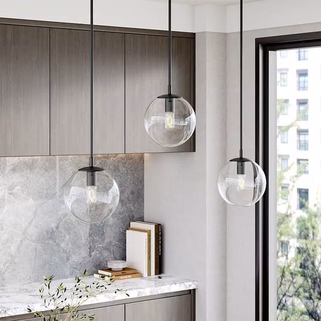 Livingandhome Modern Matte Black Sphere Ceiling Pendant with Transparent Glass Lampshade
