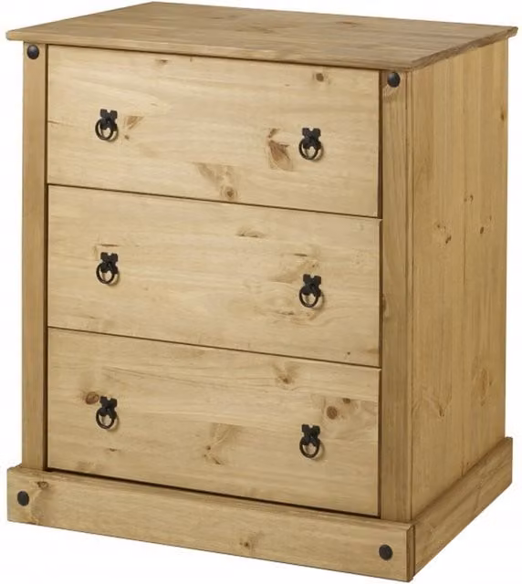 Mercers Furniture Corona Budget 3 Drawer Chest of Drawers in Brown Solid Pine with Antique Wax Finish