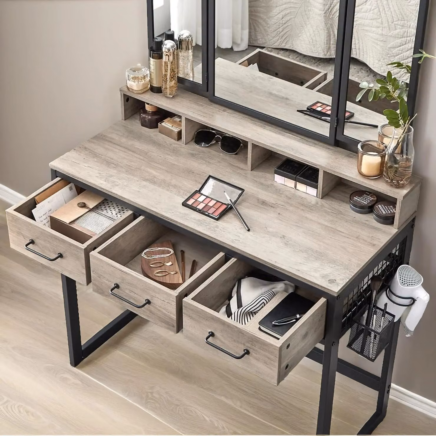 Pirlo Plush 3 Drawer Dressing Table with Tri-fold Mirror and Stool in Grey – 2