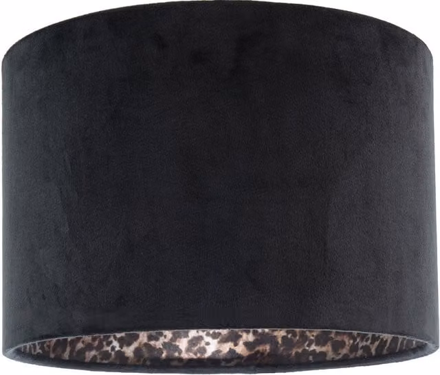 Happy Homewares Black Velvet Cylinder Lamp Shade with Leopard Print Satin Lining, Diameter: 30 cm, Height: 20 cm