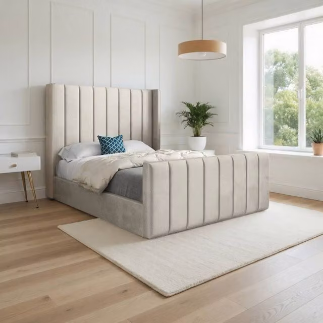 KDMD Stretton Winged Upholstered Designer Bed Frame in Beige Soft Velvet, Small Single