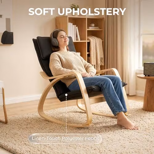 HOMCOM Modern Black Fabric Rocking Chair with Armrests and Solid Wood Frame – 4
