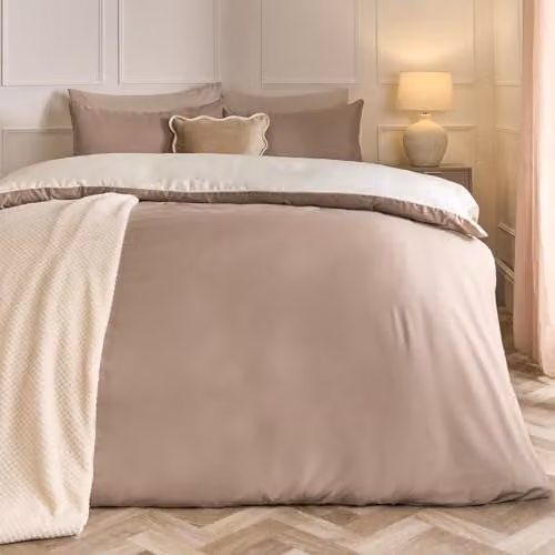 OHS Reversible Plain Microfibre Polyester Duvet Cover and Pillowcase Set in Mink/Beige/Brown, W/D/H: 200 x 200 cm