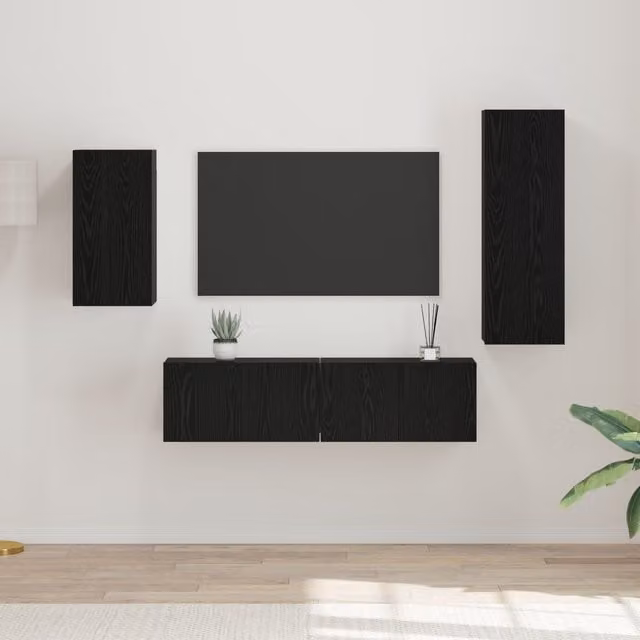 Berkfield Home 4-Piece Wall-Mounted TV Cabinet Set with Storage and Door in Black Oak, W/D/H: 30.5 x 30 x 90 cm
