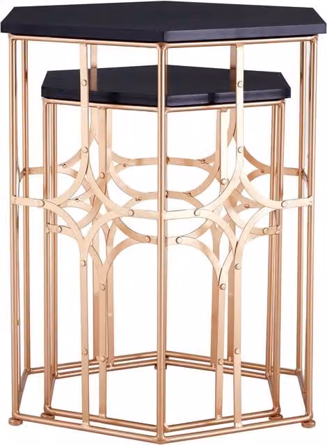 Interiors by Premier Set of Two Geometric Art Deco Nesting Side Tables in Gold and Black Metal