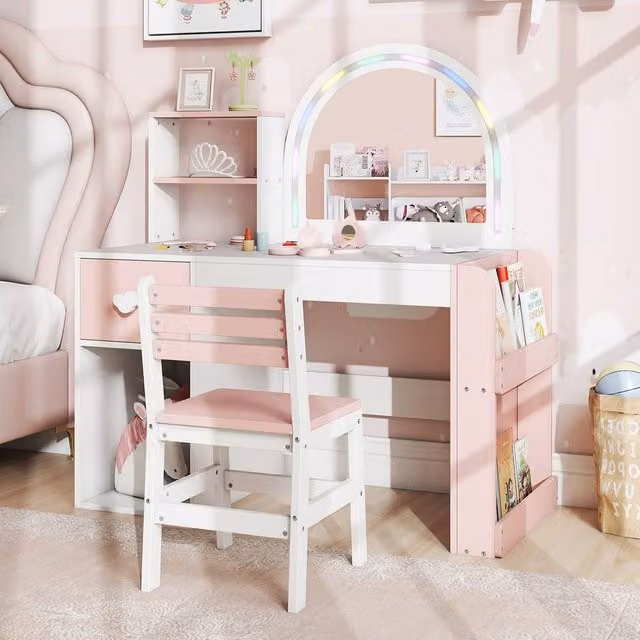 Costway Kids Vanity Table and Chair Set, Multicolour Dressing Table and Makeup Table Set – 1