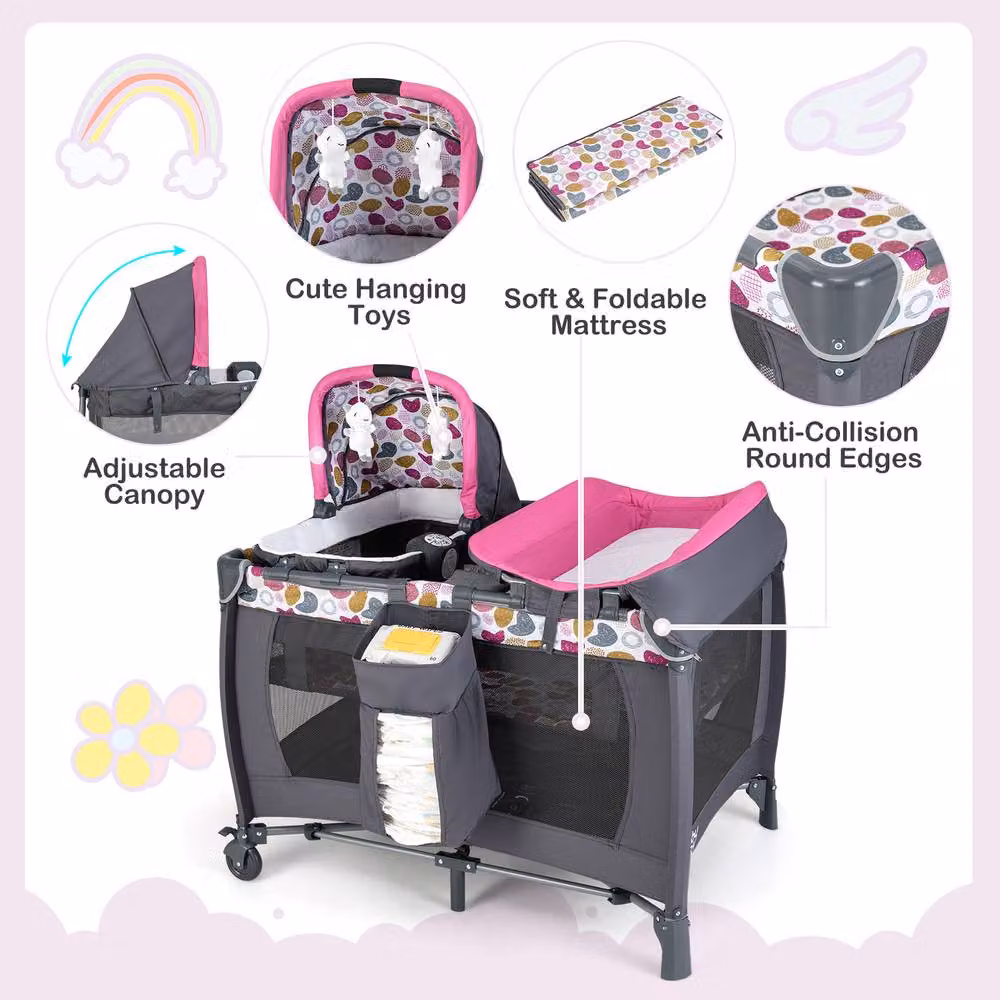 Costway Foldable Pack and Play Portable Baby Playard with Rocking Bassinet and Music Box in Pink – 2