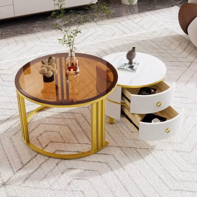 Merax Modern Round 2-Piece Nesting Coffee Table Set with Glass Tops in White and Brown