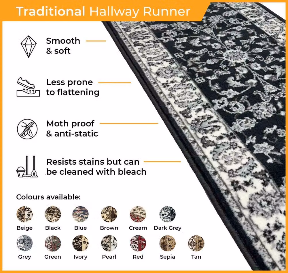 runrug Traditional Hallway Carpet Runner Rug in Beige, W: 60 cm, L: 330 cm – 2
