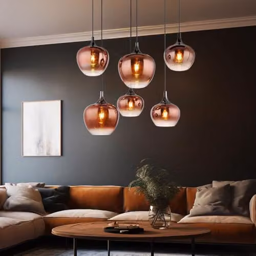 Globo Lighting Modern 6-Bulb E27 Suspended Glass and Metal Pendant Light in Copper and Matte Black – 2