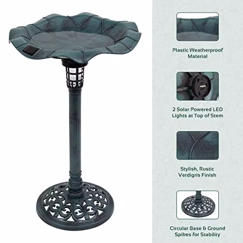 GardenKraft 17430 Bird Bath with Solar Powered Light in Green Verdigris Metal Effect, H 80 cm x W 43 cm x D 43 cm – 2