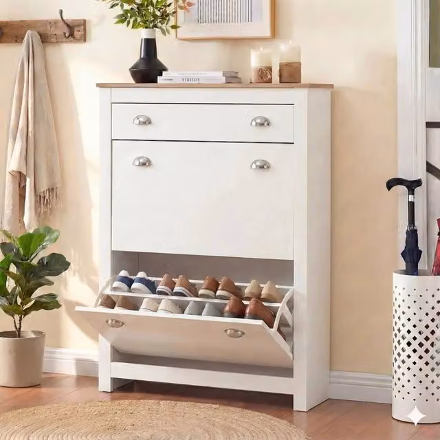 FLAVORA Modern White Wooden 3 Drawer Shoe Cabinet for Hallway Storage