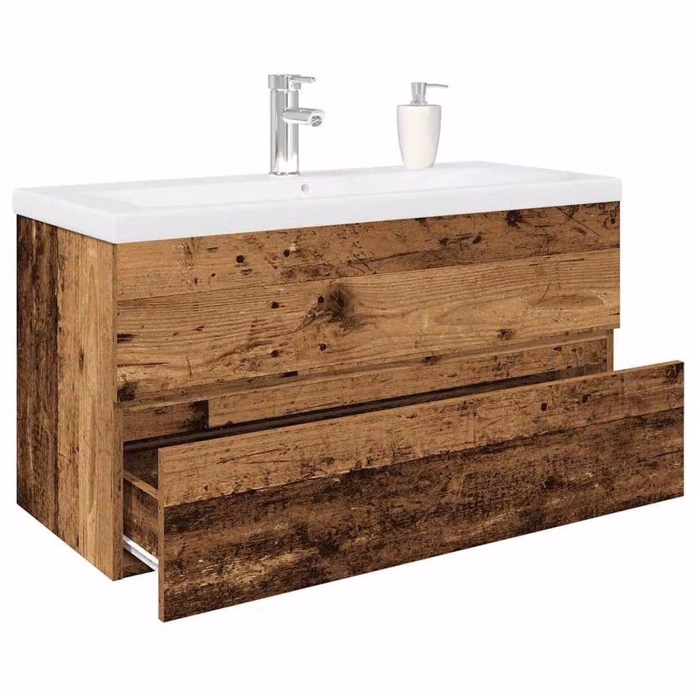 Berkfield Home Freestanding Sink Cabinet with Built-in Basin and Faucet in Brown Old Wood, H: 90 cm, W: 45 cm, D: 38.5 cm – 2