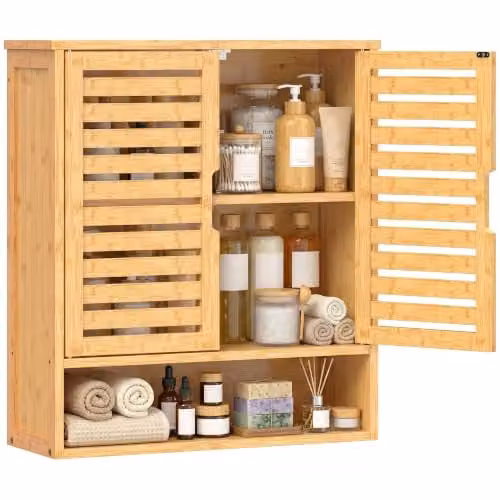 HOMCOM Wall Mounted Bathroom Cabinet with 2 Hinged Doors and Open Shelf in Oak Brown