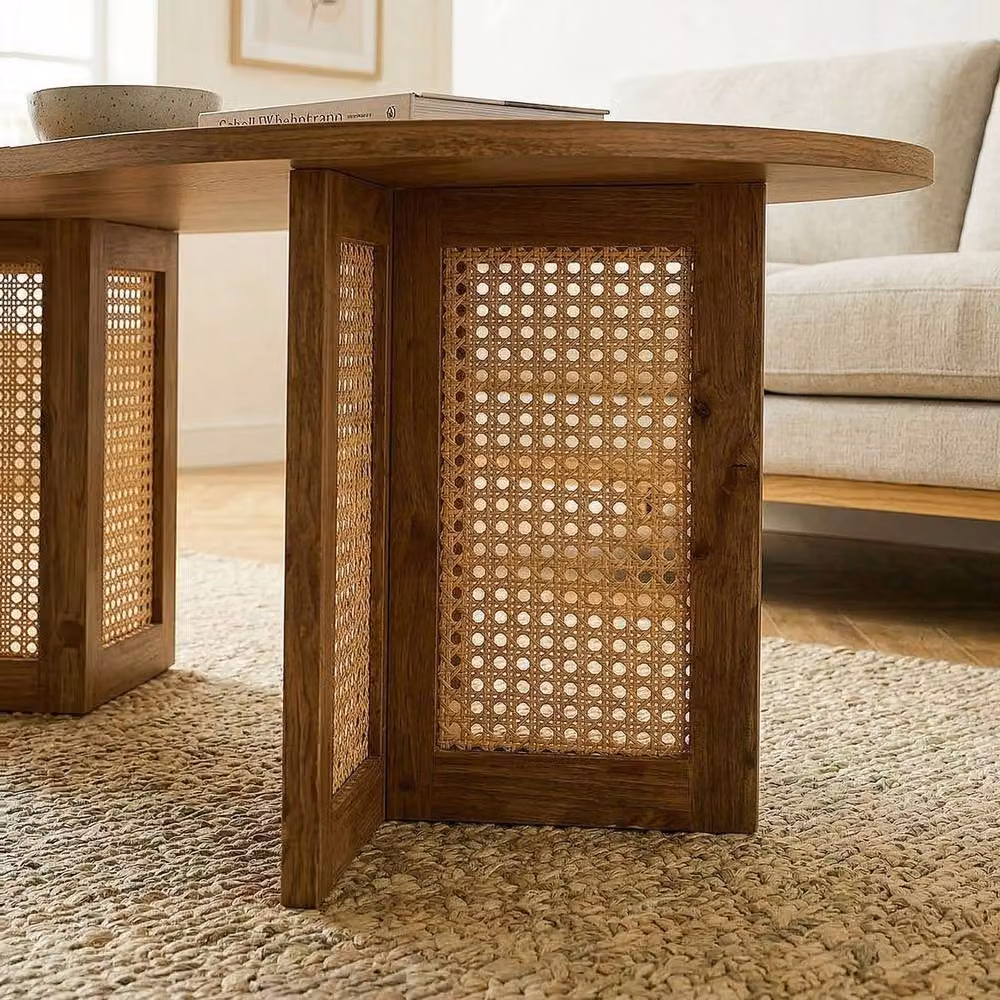 CALICOSY Talia Oval Coffee Table with Rattan Legs in Light Brown, W/D/H: 120 x 60 x 40 cm – 3