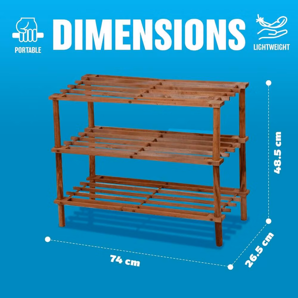 BARGAINS-GALORE 3 Tier Wooden Shoe Rack Footwear Storage Organiser in Brown Walnut Effect – 3